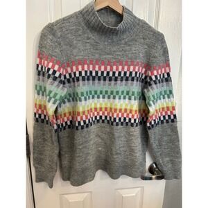 Loft Grey Multi Color Geometric Checkerboard Mock Neck Sweater Womens Medium